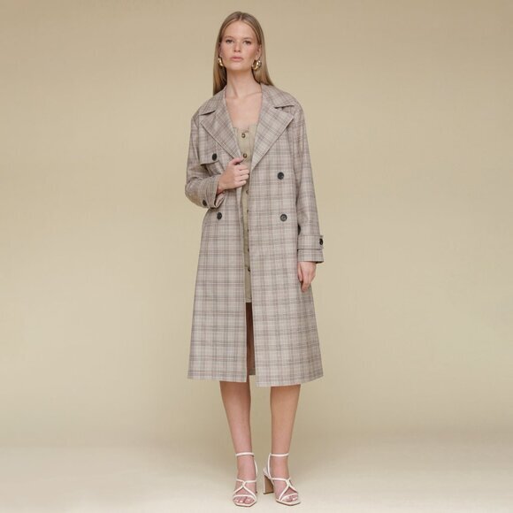 New Avec Les Filles Plaid Button-Back Drapey Trench Coat Beige XS - Picture 1 of 7